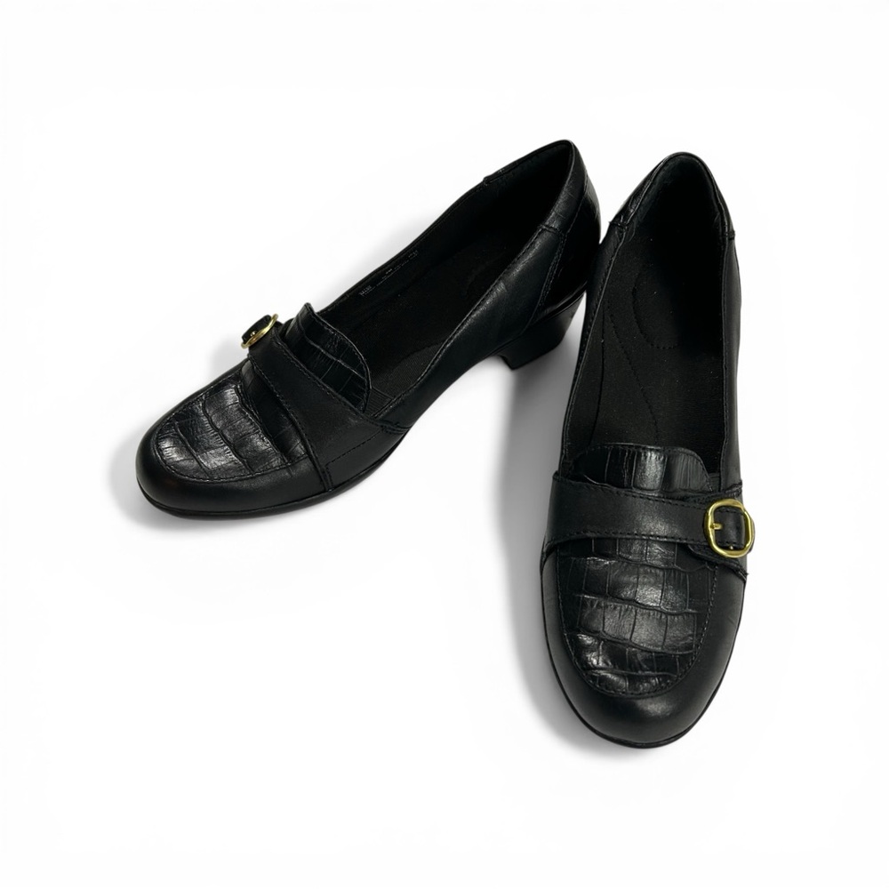 Clarks Bendables Black Leather Croc Print Buckled Loafer Womens Size 8